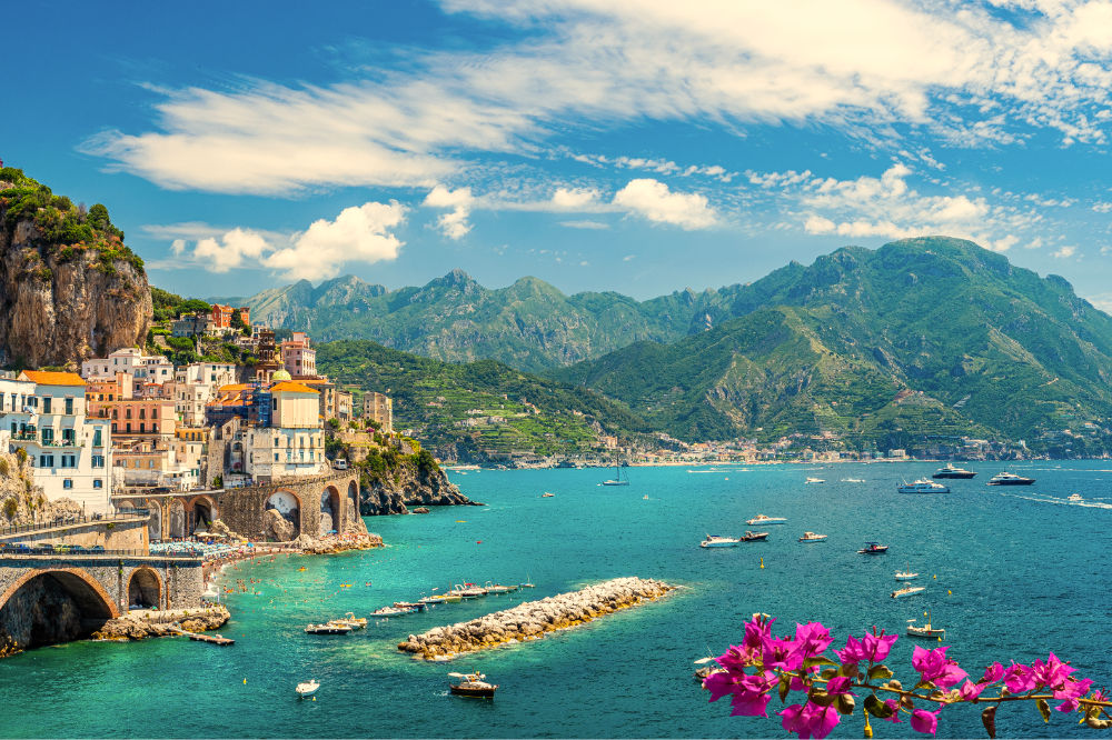 Landscape with Atrani town at famous Amalfi coast, Italy