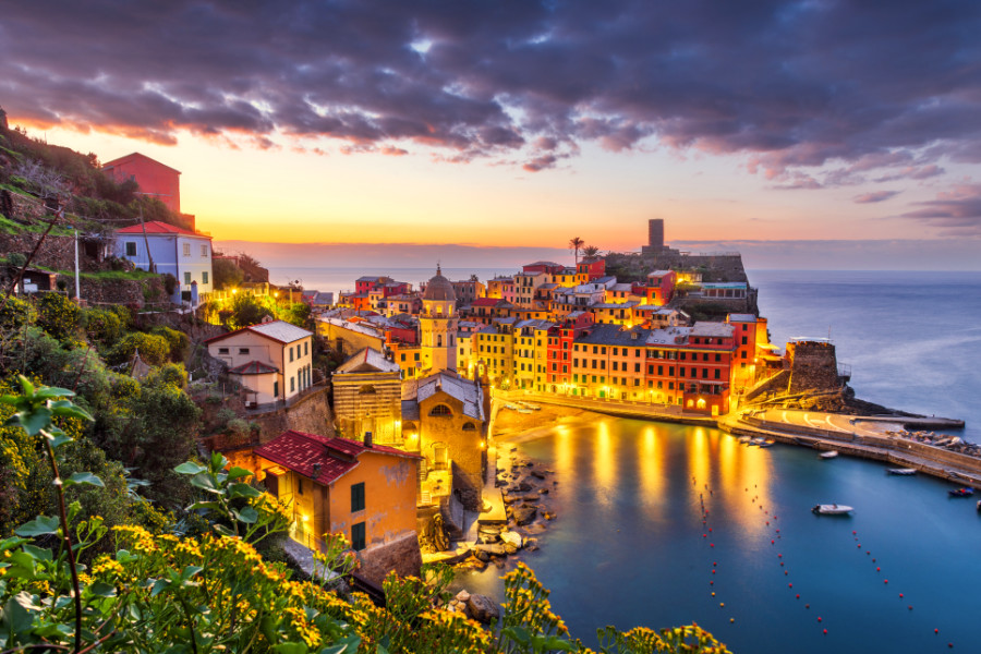 Vernazza, La Spezia, Liguria, Italy in the Cinque Terre region at dusk.