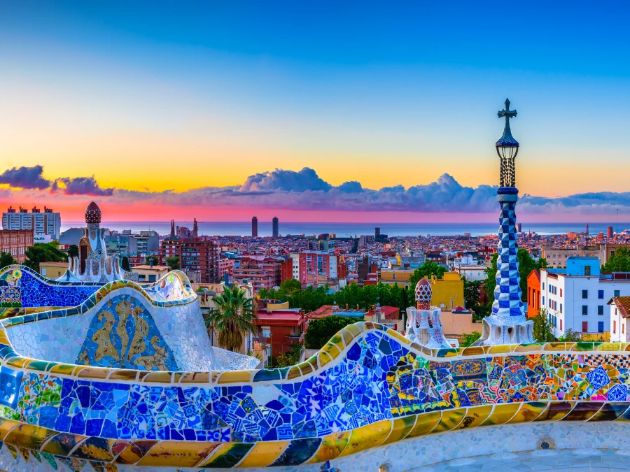 Skyline panorama of Barcelona at sunrise. Spain